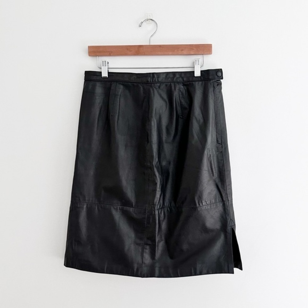 Vintage Black Leather Midi Skirt | High Waisted A-Line 100% Leather